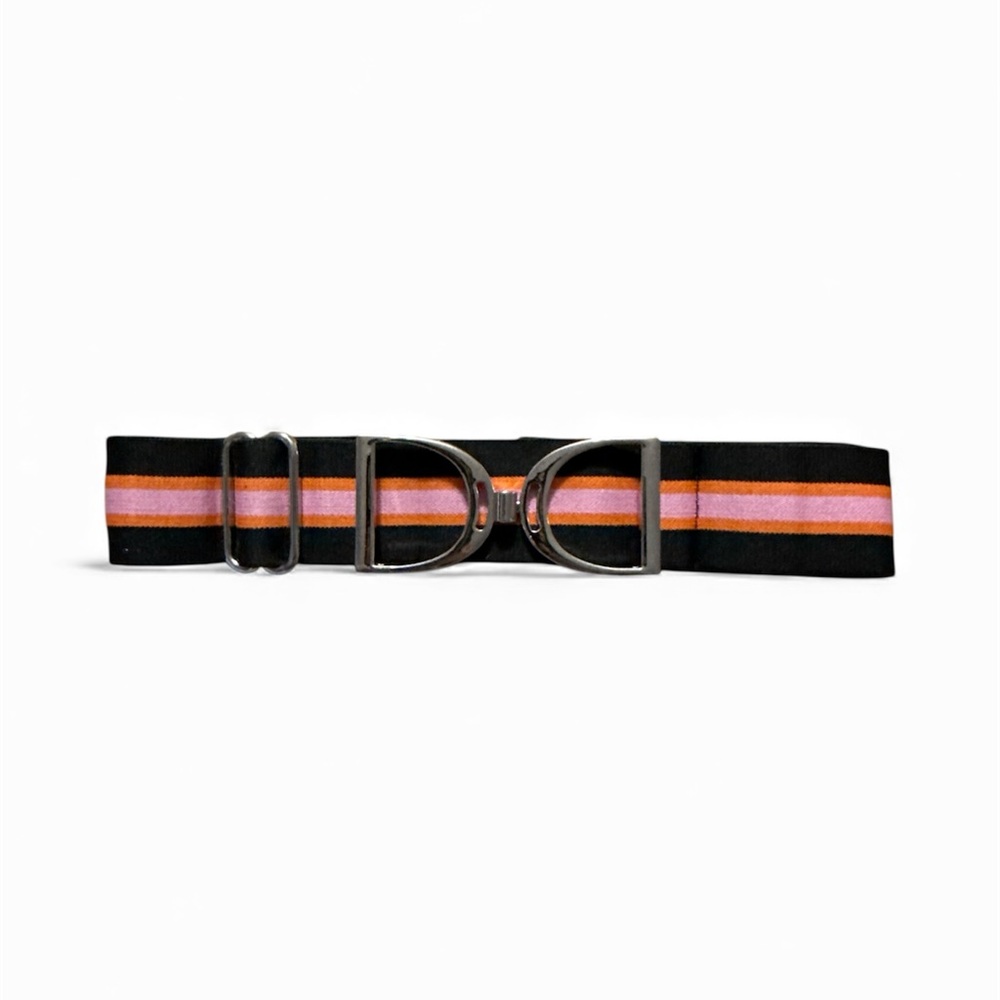 NWT Luxequine 1 1/2” Black Orange & Pink Striped Belt w/Silver Stirrup Buckle - Picture 4 of 4